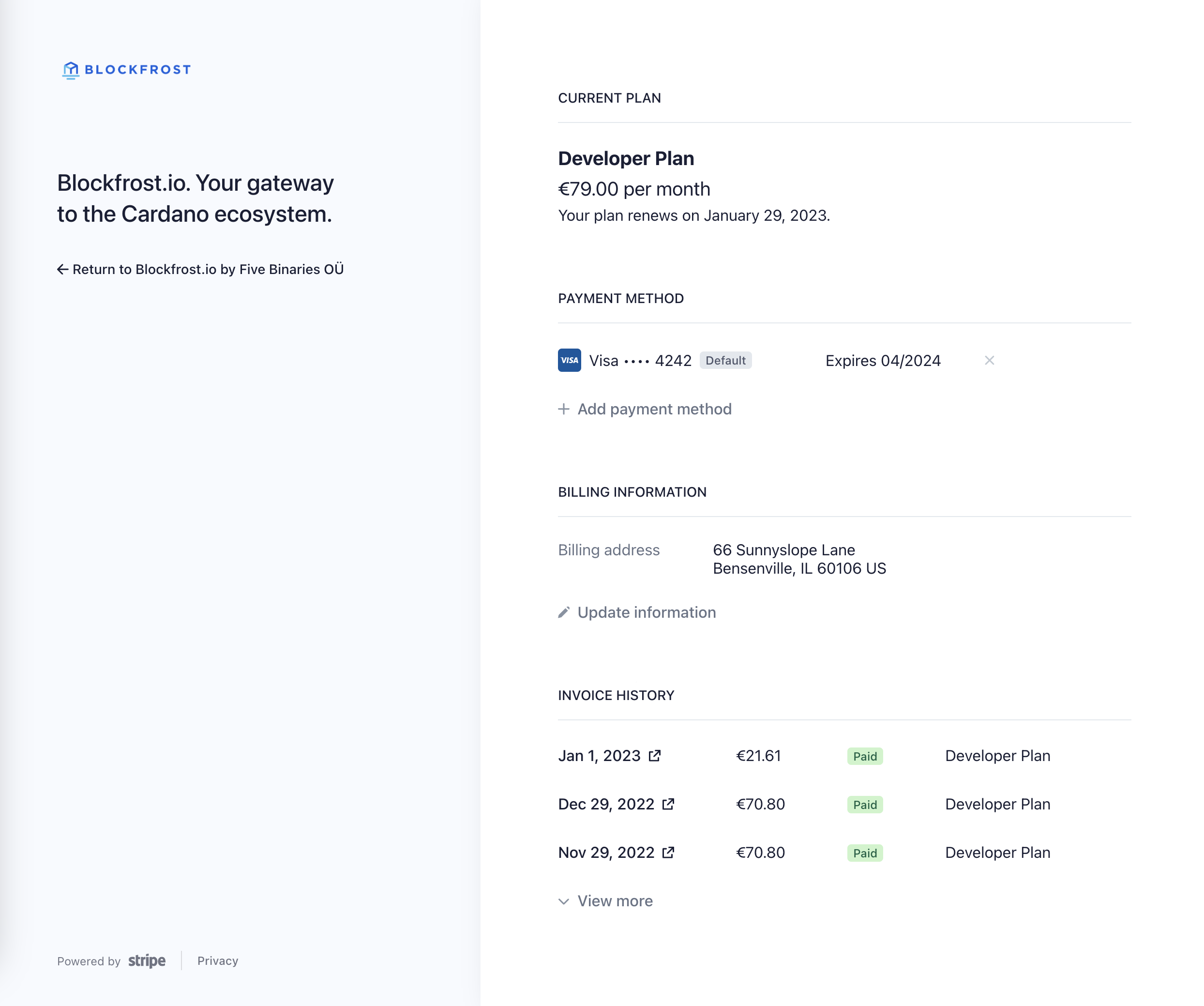 Blockfrost.io billing portal